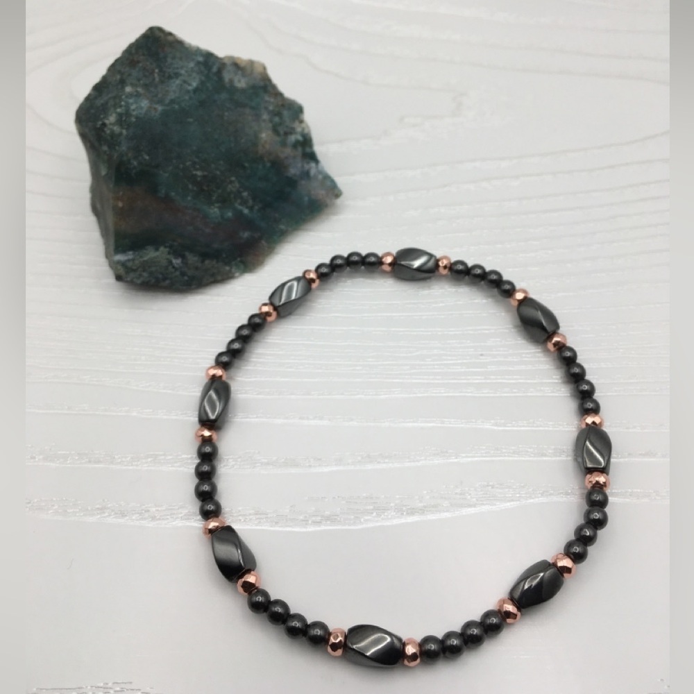 HANDCRAFTED Hematite & Faceted Rose Gold Hematite Stretch Ankle Bracelet